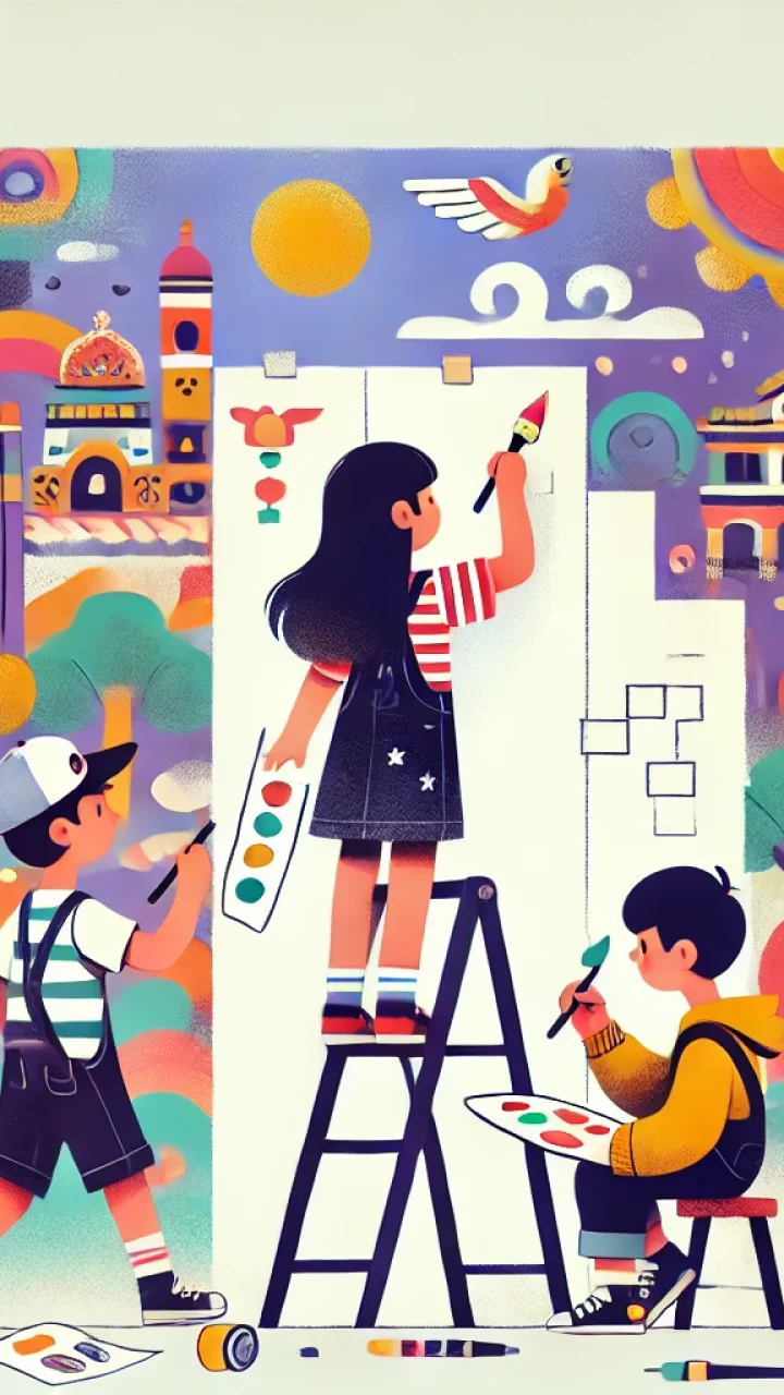DALL·E 2024-06-20 20.54.03 - A flat illustration of the same three kids drawing a large mural on a plain white background. The children are engaged in creating a colorful mural on